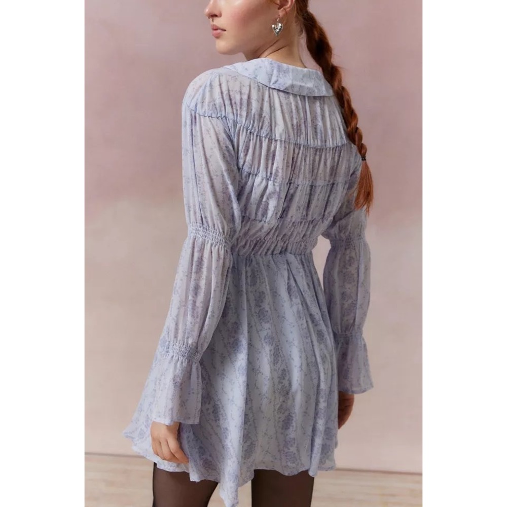 NWT Urban Outfitters Kimchi Blue Floral Mini Dress Blue Smocked Tie Front Small - Picture 3 of 7
